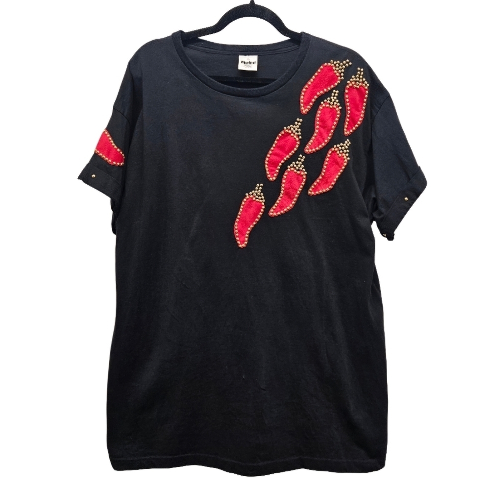 0034 Murina Studded Red Hot Peppers Black Cotton T-Shirt  Spicy Casual Size XL
